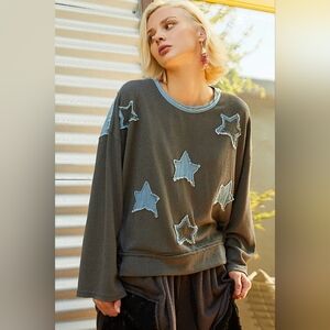 POL Olive Star Patchwork Boxy Knit Top | Soft Stretchy Oversized Fit